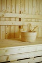 Wooden sauna bucket accessories interior of sauna spa Royalty Free Stock Photo