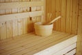 Wooden sauna bucket accessories interior of sauna spa Royalty Free Stock Photo