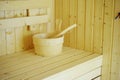 Wooden sauna bucket accessories interior of sauna spa Royalty Free Stock Photo