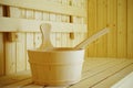 Wooden sauna bucket accessories interior of sauna spa Royalty Free Stock Photo