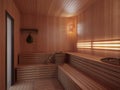 Wooden sauna with traditional sauna accessories Royalty Free Stock Photo