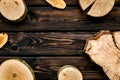 Wooden sawcut frame for blog on rustic wooden background top view mockup Royalty Free Stock Photo