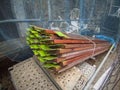 Wooden scaffolds elements piled at old town construction site Royalty Free Stock Photo