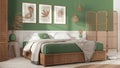 Wooden scandinavian bedroom in white and green tones. Double bed with blankets. Wall panel and parquet floor, carpet.Rattan