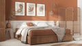 Wooden scandinavian bedroom in white and orange tones. Double bed with blankets. Wall panel and parquet floor, carpet.Rattan