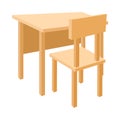 Wooden school desk and chair icon, cartoon style