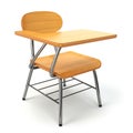 Wooden school desk and chair on white.