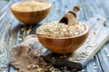 Wooden scoop in a bowl with oat flaks.