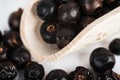 Wooden scoop with dried juniper berries Royalty Free Stock Photo