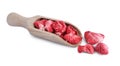 Wooden scoop with freeze dried strawberries on white background Royalty Free Stock Photo