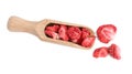 Wooden scoop with freeze dried strawberries on white background, top view Royalty Free Stock Photo