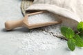 Wooden scoop with natural sea salt, sack and mint on light grey marble table, closeup Royalty Free Stock Photo