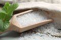 Wooden scoop with natural sea salt, sack and mint on light grey marble table, closeup Royalty Free Stock Photo