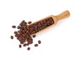Wooden scoop of roasted coffee beans on white Royalty Free Stock Photo