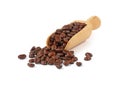Wooden scoop of roasted coffee beans on white Royalty Free Stock Photo