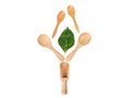 Wooden scoop and spoon and green leaf, natural wooden utensils Eco-environmentally friendly
