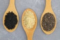Wooden scoops with chia, black cumin and white sesame seeds close-up. Selective Focus. Royalty Free Stock Photo
