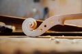 Wooden scroll detail of the head of the violin. Raw wood, texture. Against the background of workshop.