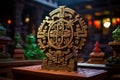 a wooden sculpture of an aztec design on a table