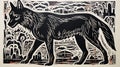 Bold Black And White Woodcut Of A Wolf In Terracotta Landscape