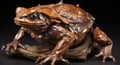 A wooden sculpture of a frog sitting on a piece of wood. Generative AI image.