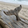 A wooden sculpture resembling a whale\'s tail is embedded in a driftwood plank on a sandy beach. Royalty Free Stock Photo