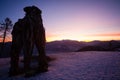 Wooden sculpture of a wolf. Italian landmark at dawn