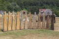 Wooden sculptures with Dacian themes in the Polovragi sculpture camp, Gorj, Romania. Royalty Free Stock Photo