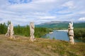 Wooden sculptures over the Sob river, Yamal Royalty Free Stock Photo