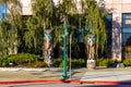 Wooden sculptures, totems in the city center.Anchorage, Alaska, USA