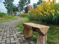 wooden seat at corner of garden