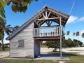 Wooden security booth on a guarded Caribbean beach. Surveillance, first aid and security post. Caribbean construction. Lifeguard