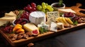 A wooden serving board with cheese, nuts, grapes and other food, AI Royalty Free Stock Photo