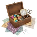 A wooden sewing box with an open lid contains colorful spools of thread, scissors, a Royalty Free Stock Photo