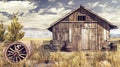 A wooden shack with a wagon wheel in the background, AI Royalty Free Stock Photo