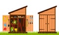 Wooden shed with closed and open doors. Gardening tools are stacked inside the shed and hung on the door. Equipment for growing