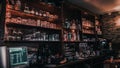 Wooden shelf filled with an assortment of alcoholic bottles and glasses at a bar in Achern