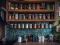 A wooden shelf filled with jars and jars. AI generative image.