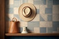 wooden shelf in front of a patterned ceramic wall, a hat hanging on the wall, copy space