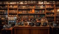 Wooden shelf with old fashioned alcohol bottles illuminated at night generated by AI Royalty Free Stock Photo