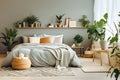 Wooden shelf with potted houseplants above bed with light jade green bedding. Scandinavian interior design of modern bedroom.