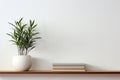Wooden shelf with a potted plant and books on a white wall. Generated by artificial intelligence Royalty Free Stock Photo