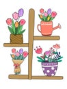 Wooden shelf and tulip bouquets, colorful doodle style