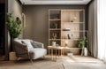 Wooden shelf unit and gray armchair. Scandinavian style interior design of modern living room. Created with generative AI Royalty Free Stock Photo