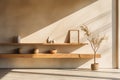 Wooden shelf with vases and vases on beige wall