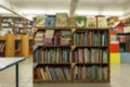 Wooden shelves with books in the store. Large selection of literature. Blurred