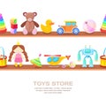 Wooden shelves with different kids toys, isolated illustration. Horizontal seamless vector white background Royalty Free Stock Photo