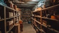 Wooden Shelves Filled with Old Objects and Dust in a Dark Basement Royalty Free Stock Photo