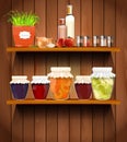 Wooden shelves with the foods in the pantry