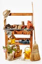 Wooden shelves with gardening accessories